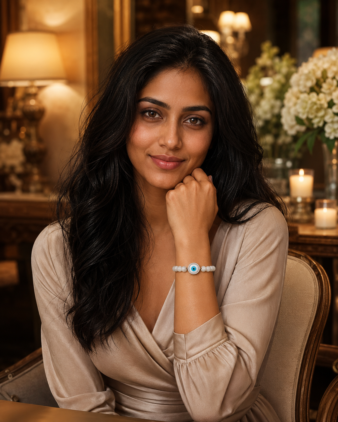 White Agate Evil Eye Bracelet | 14K Gold & Natural Diamonds