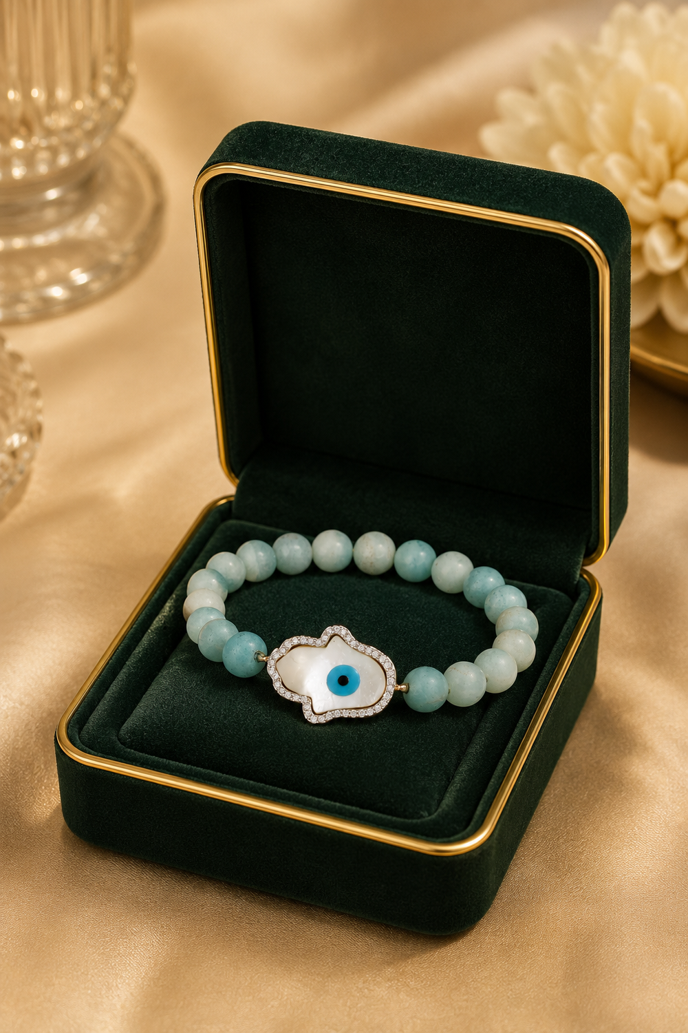 Mint Evil Eye Bracelet | 14K Gold & Natural Diamonds