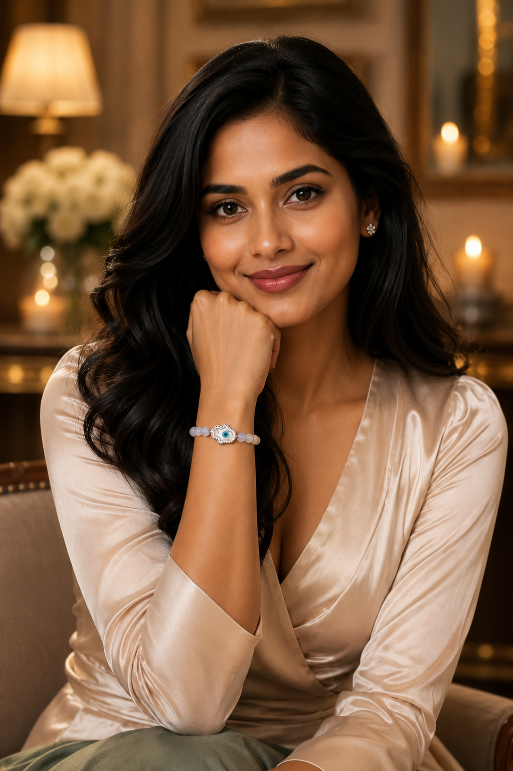 Grey Evil Eye Bracelet | 14K Gold & Natural Diamonds