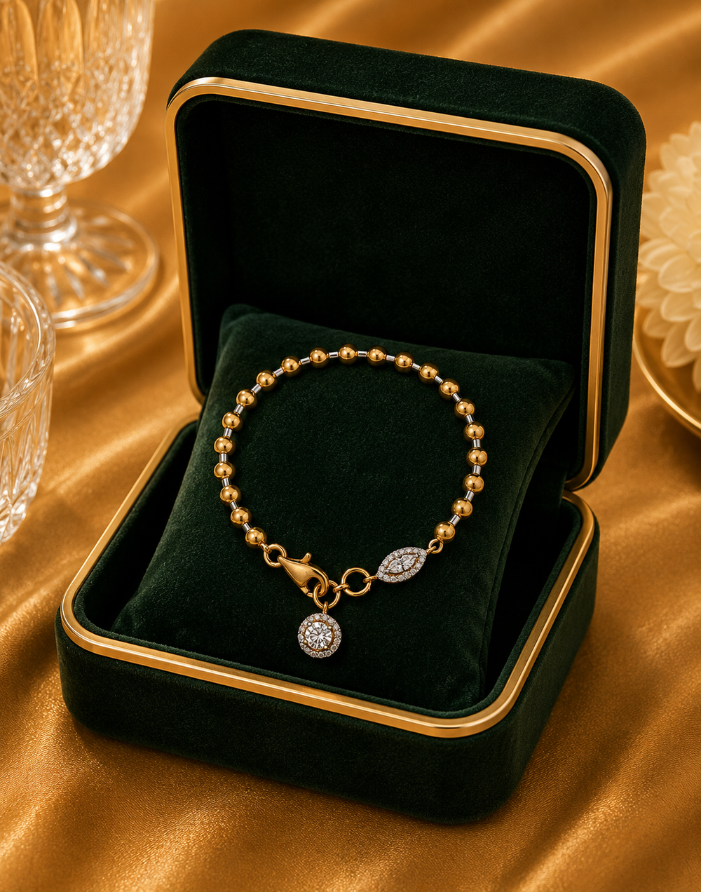 18K Gold Diamond Charm Beaded Bracelet