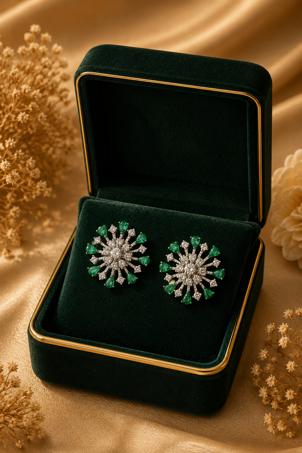 18K White Gold Emerald Floral Diamond Stud Earrings