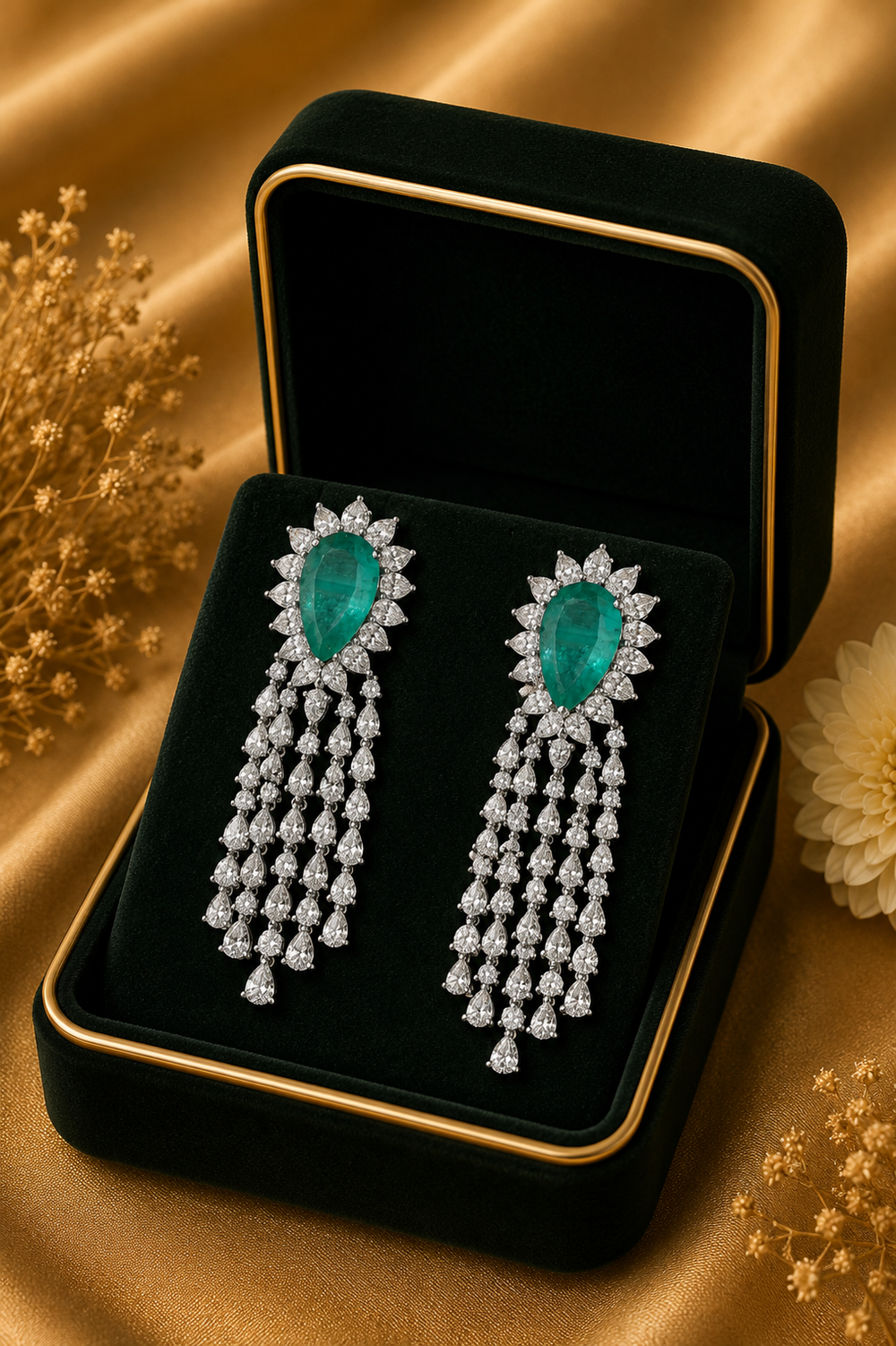 14K White Gold Emerald Floral Diamond Chandelier Earrings