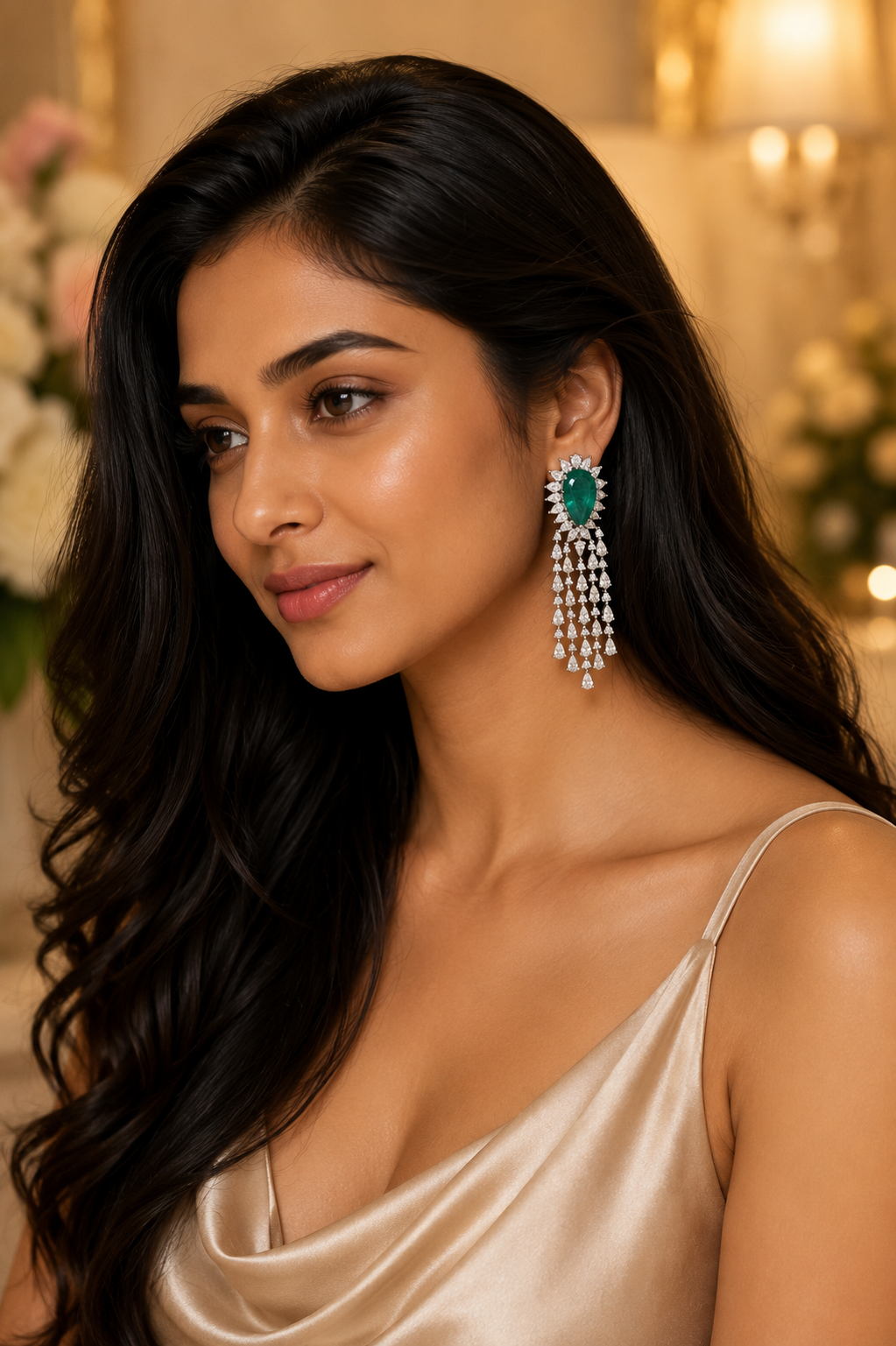 14K White Gold Emerald Floral Diamond Chandelier Earrings