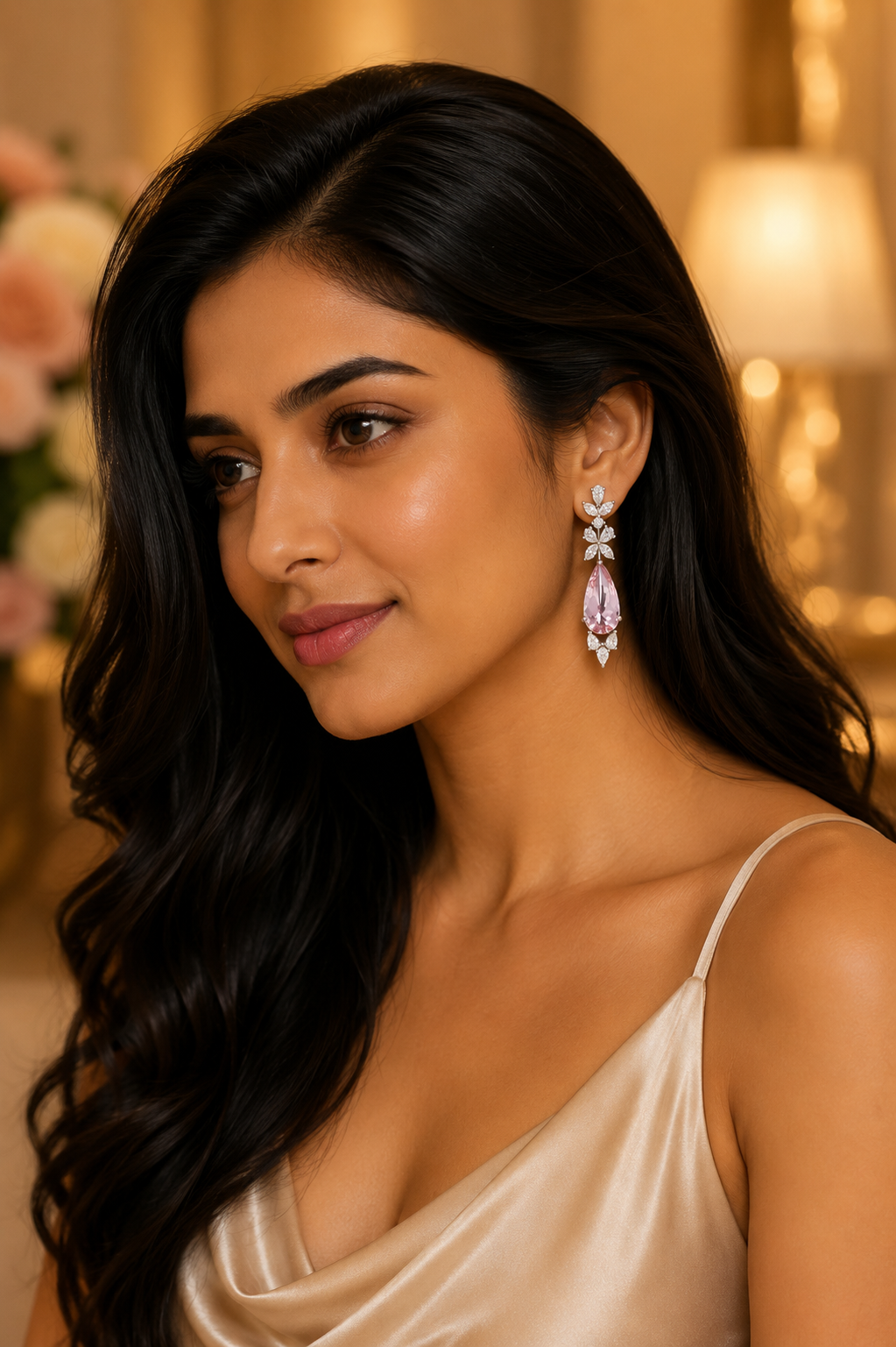 14K White Gold Pink Tourmaline Diamond Drop Earrings