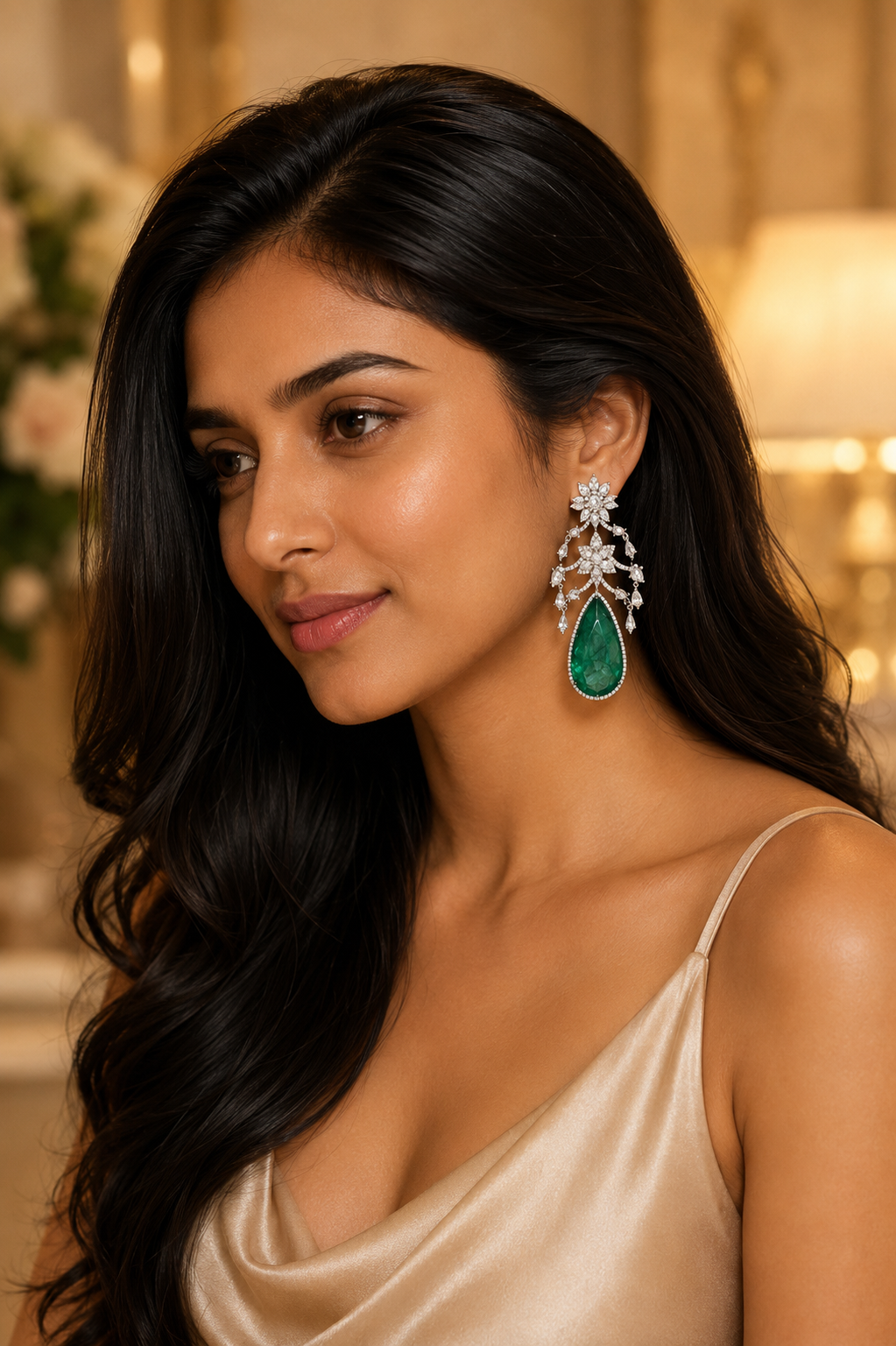 Zembian Emerald Drop Earrings in 18K White Gold | Luxury Fine Jewellery