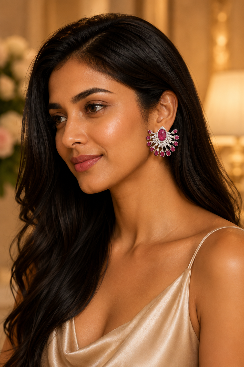 Ruby Halo Diamond Statement Earrings in 18K White Gold | Luxury Fine Jewellery
