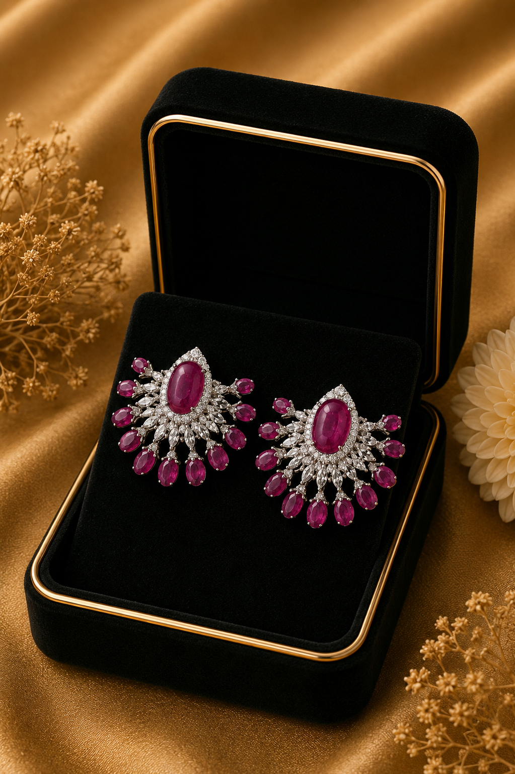 Ruby Halo Diamond Statement Earrings in 18K White Gold | Luxury Fine Jewellery