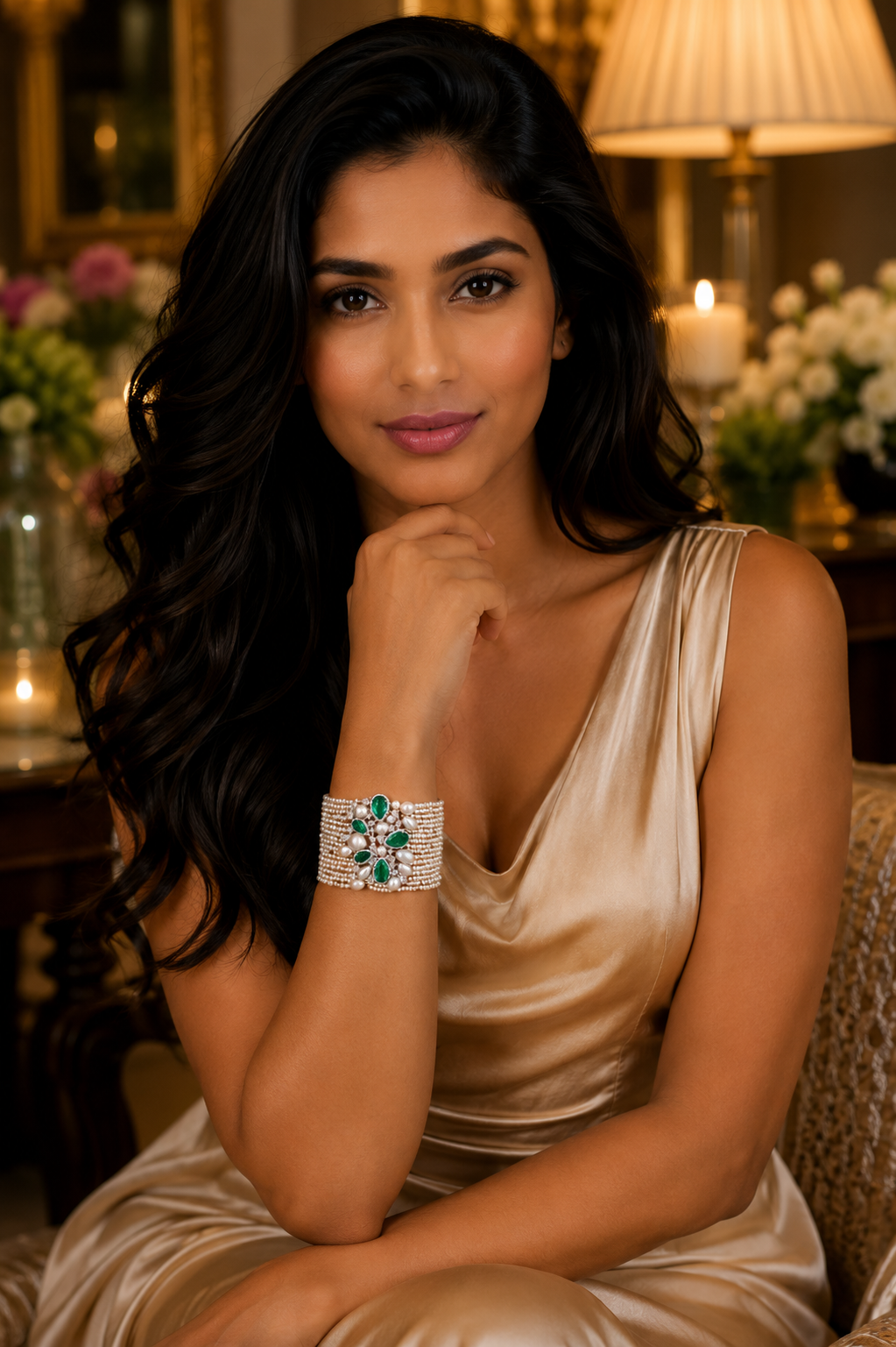 18K White Gold Emerald Floral Diamond Bracelet