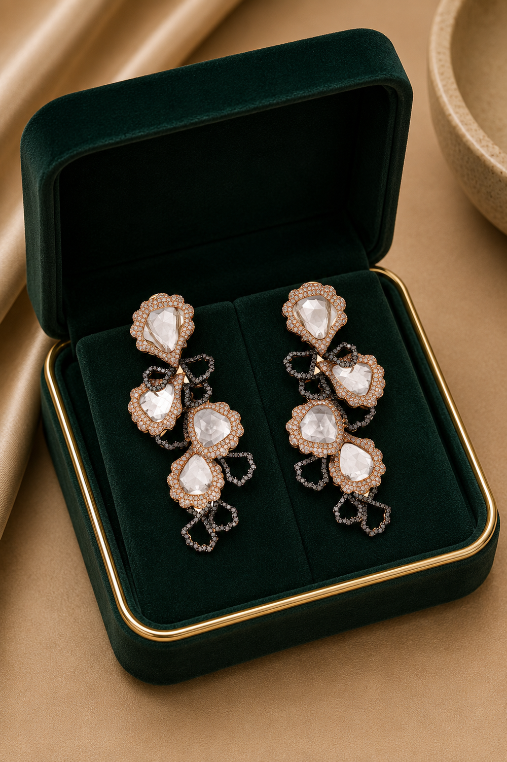 18K Rose Gold Floral Diamond Drop Earrings
