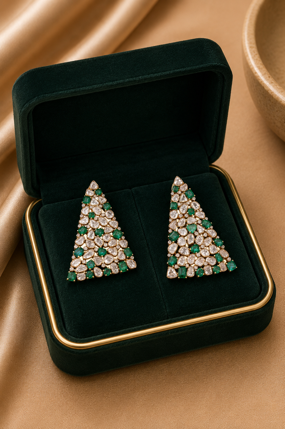 14K Gold Polki Diamond Emerald Drop Earrings