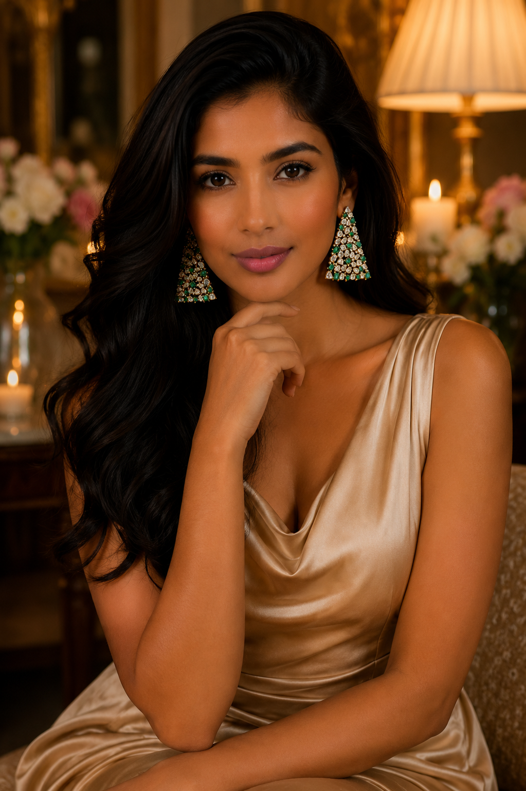 14K Gold Polki Diamond Emerald Drop Earrings