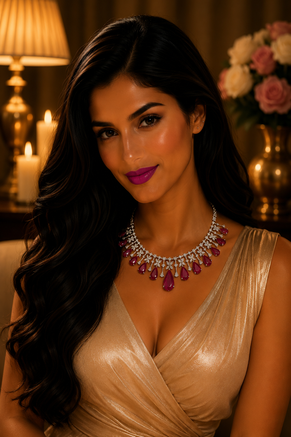 14K White Gold Ruby Diamond Statement Necklace