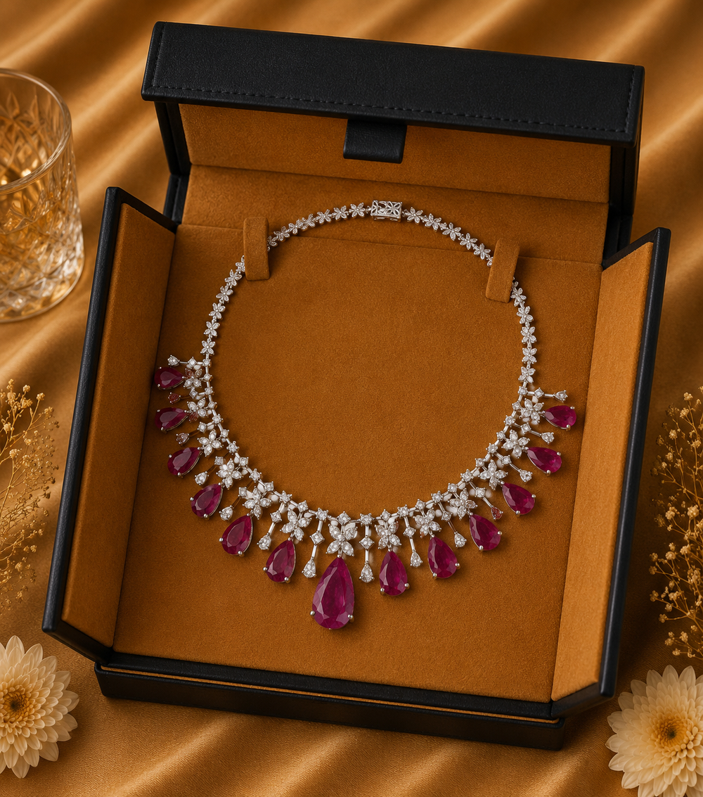 14K White Gold Ruby Diamond Statement Necklace
