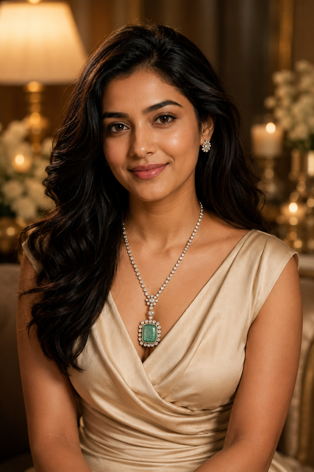 18K White Gold Emerald Diamond Pendant Necklace