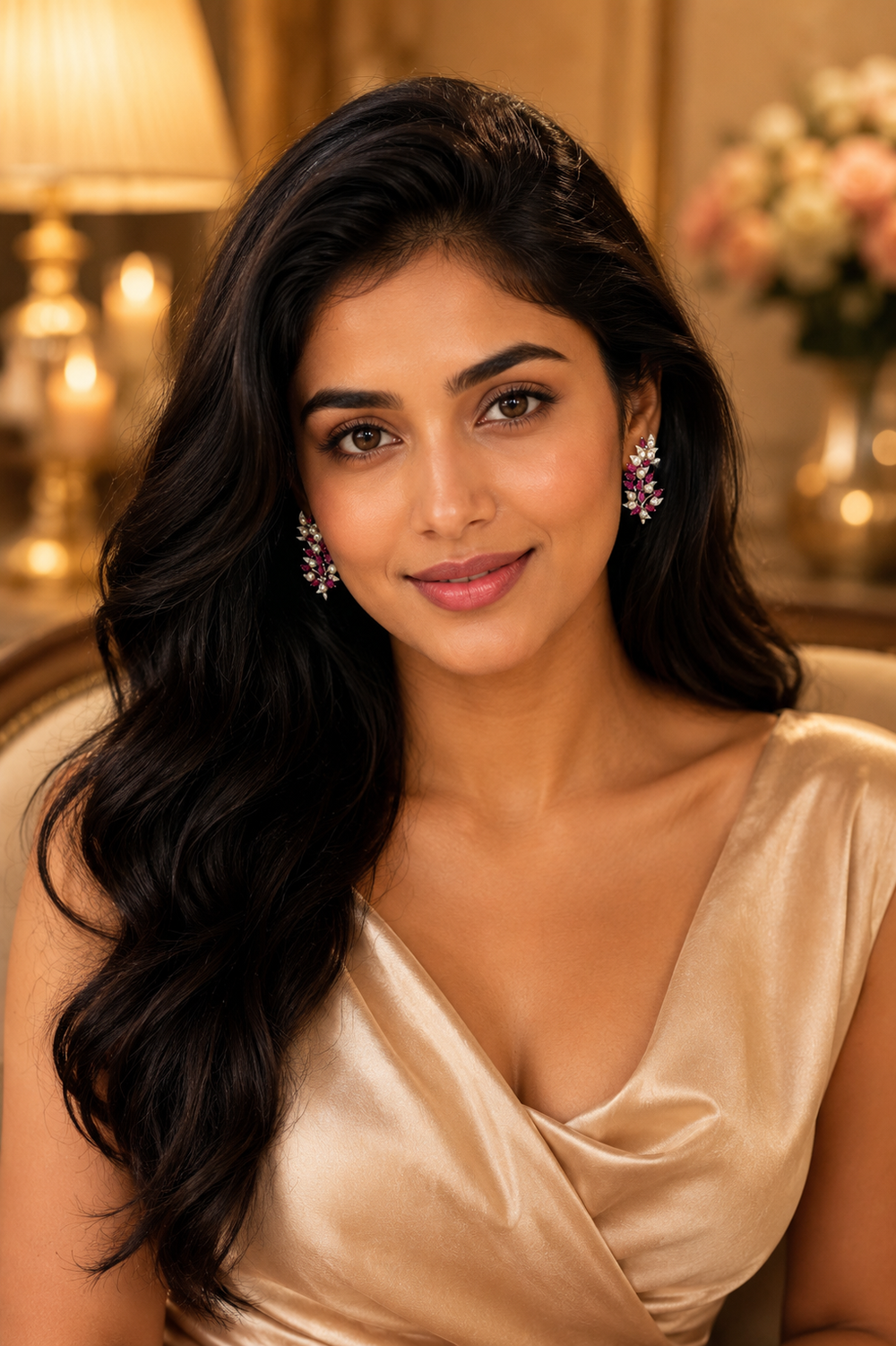 18K White Gold Ruby Leaf Diamond Earrings