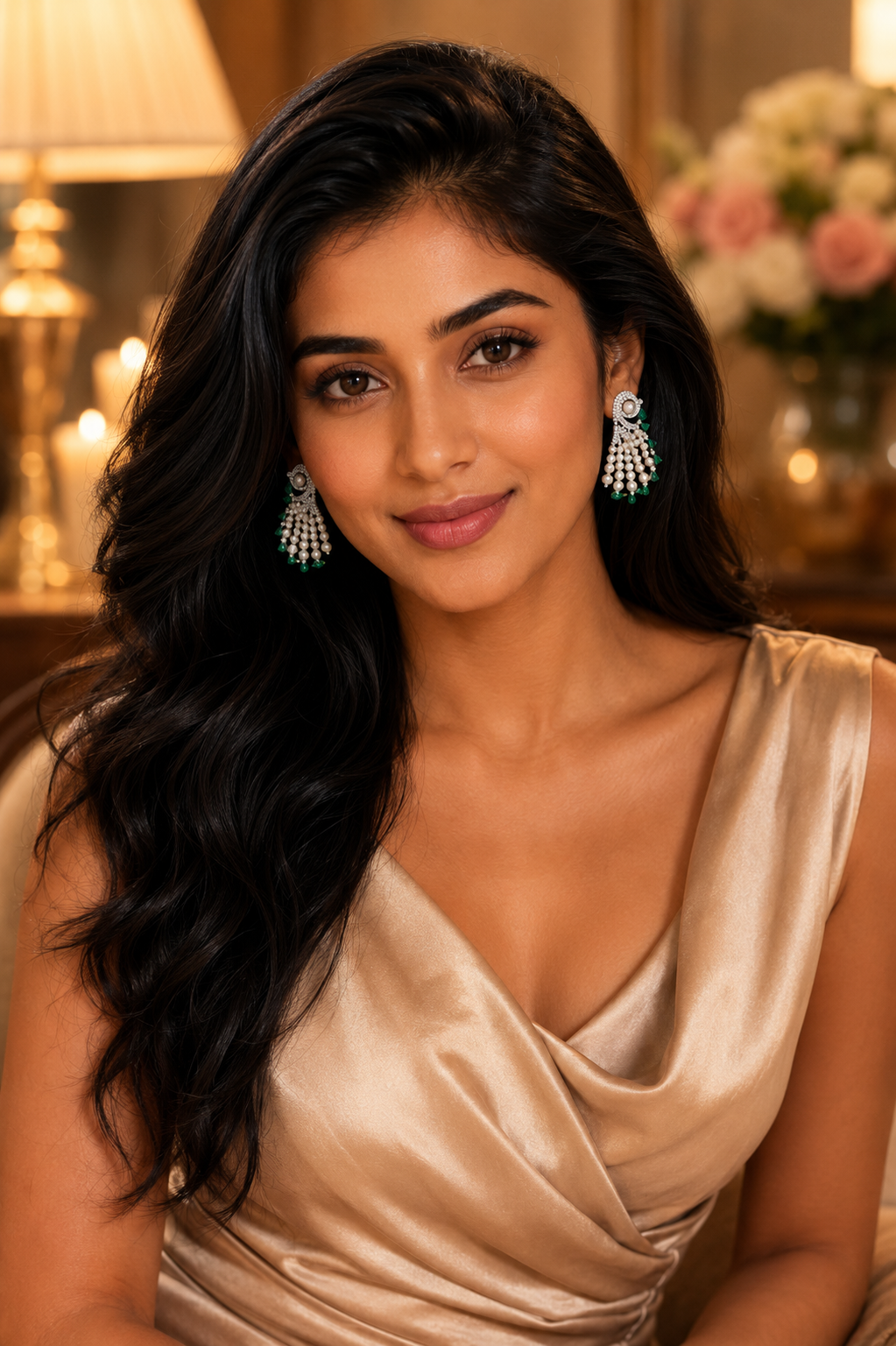 18K White Gold Emerald Pearl Chandelier Earrings