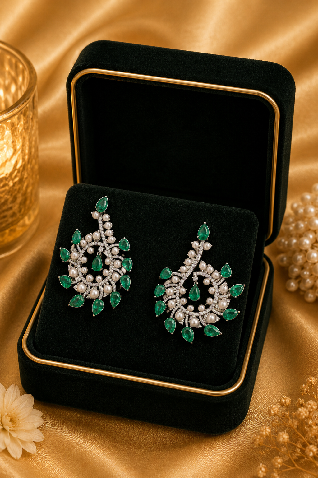 Emerald Floral Diamond Stud Earrings in 18K White Gold | Luxury Fine Jewellery