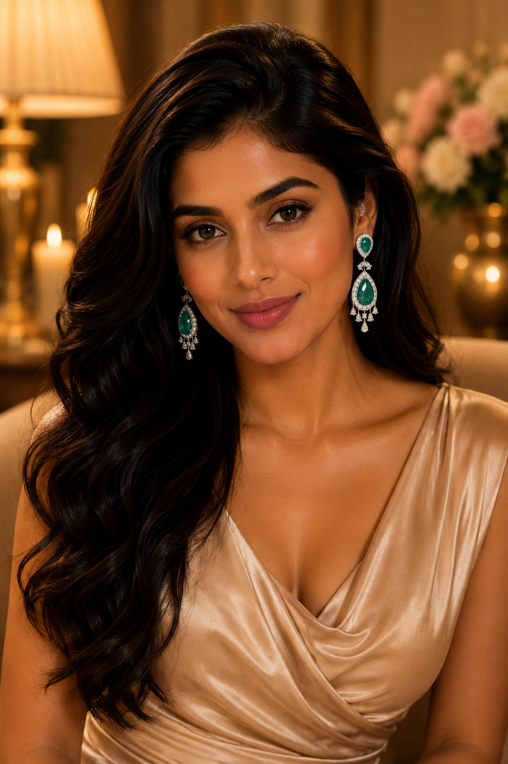 18K White Gold Emerald Pear Diamond Drop Earrings