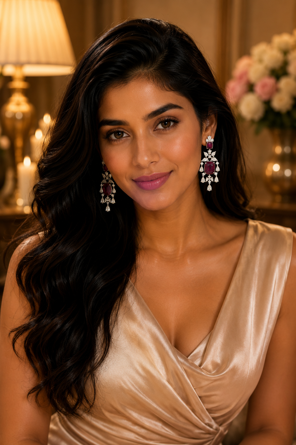 18K White Gold Ruby Floral Diamond Drop Earrings