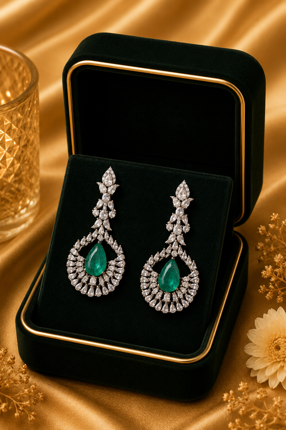18K White Gold Emerald Pink Sapphire Diamond Earrings