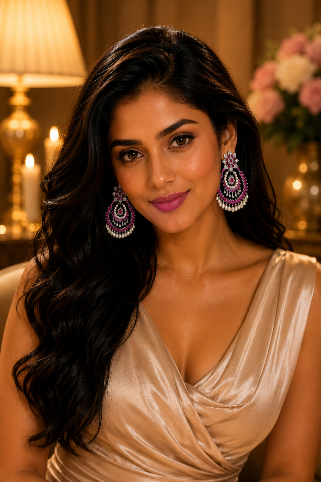 18K White Gold Ruby Halo Diamond Chandelier Earrings