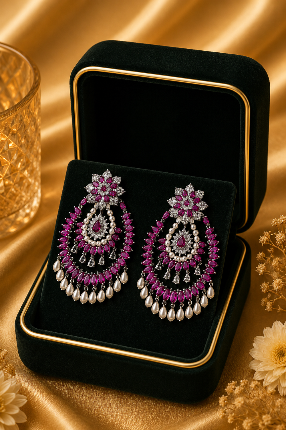 18K White Gold Ruby Halo Diamond Chandelier Earrings