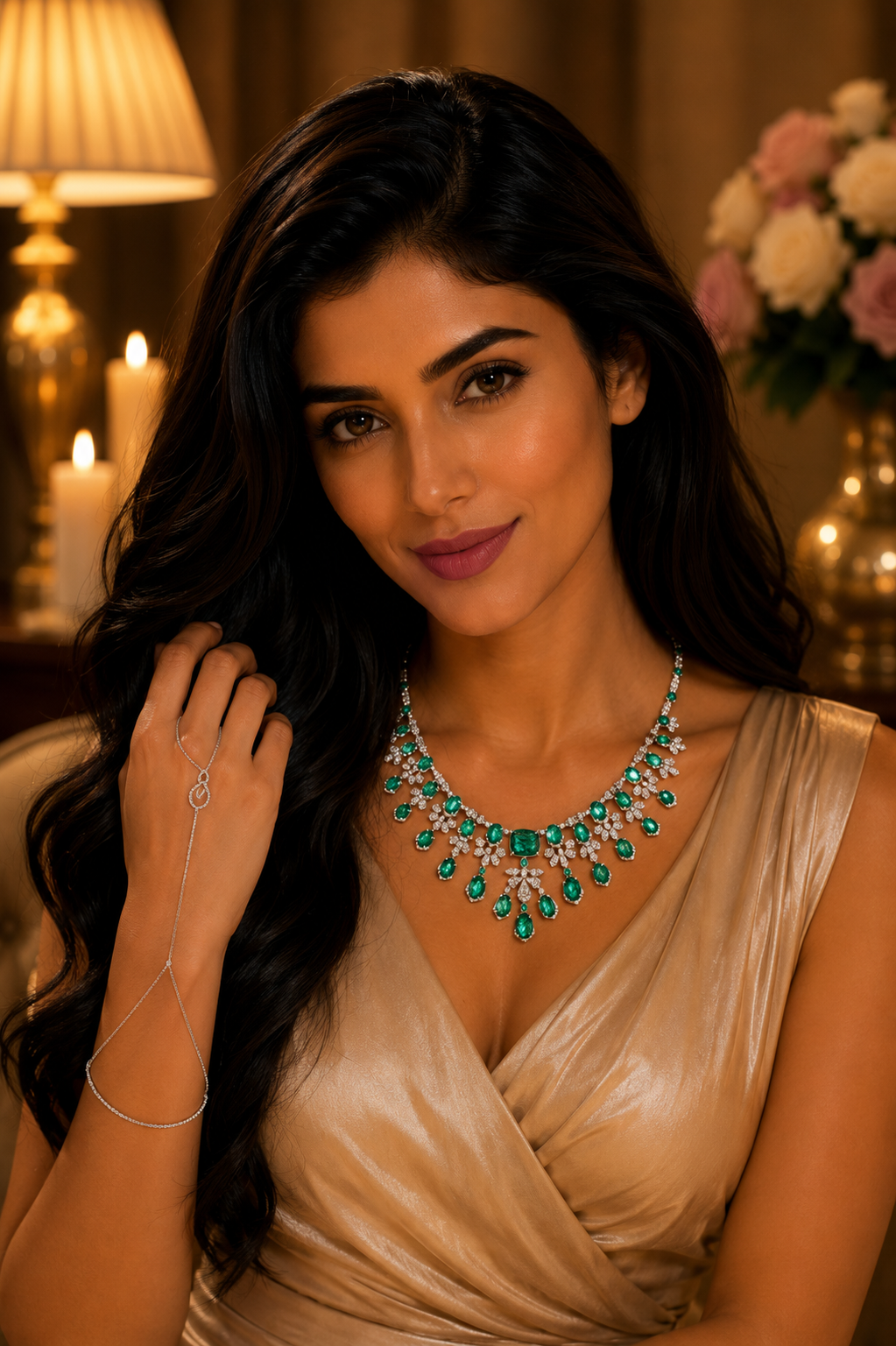 18K White Gold Emerald Diamond Statement Necklace