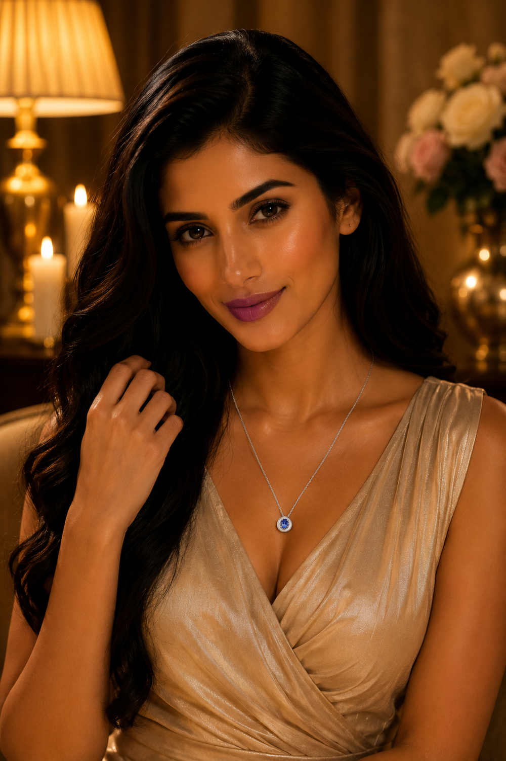 18K White Gold Blue Sapphire Diamond Pendant Necklace