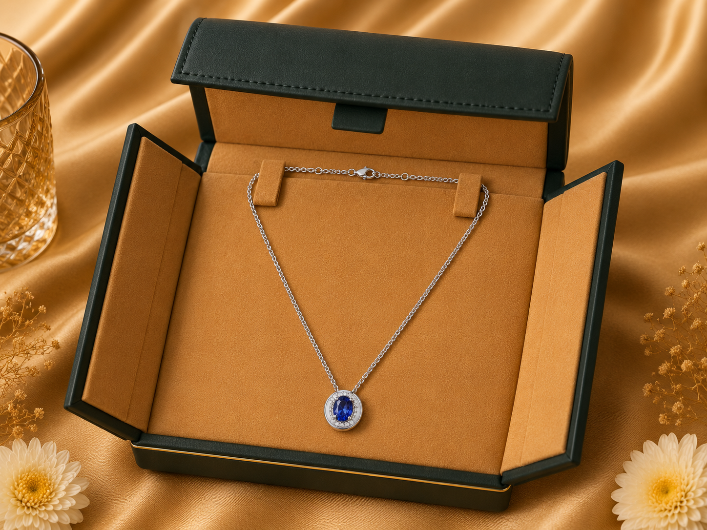 18K White Gold Blue Sapphire Diamond Pendant Necklace