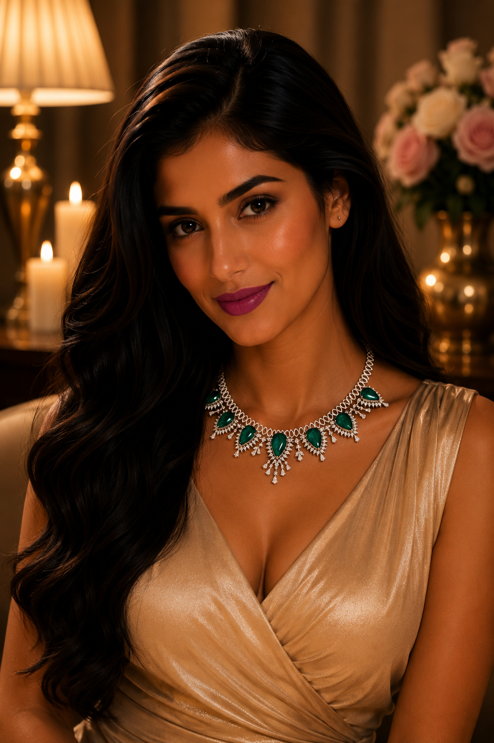14K White Gold Emerald Diamond Statement Necklace