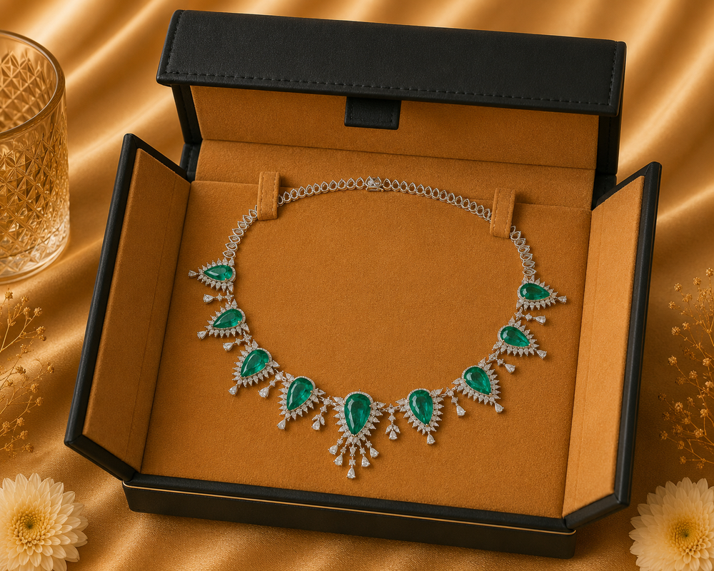 14K White Gold Emerald Diamond Statement Necklace