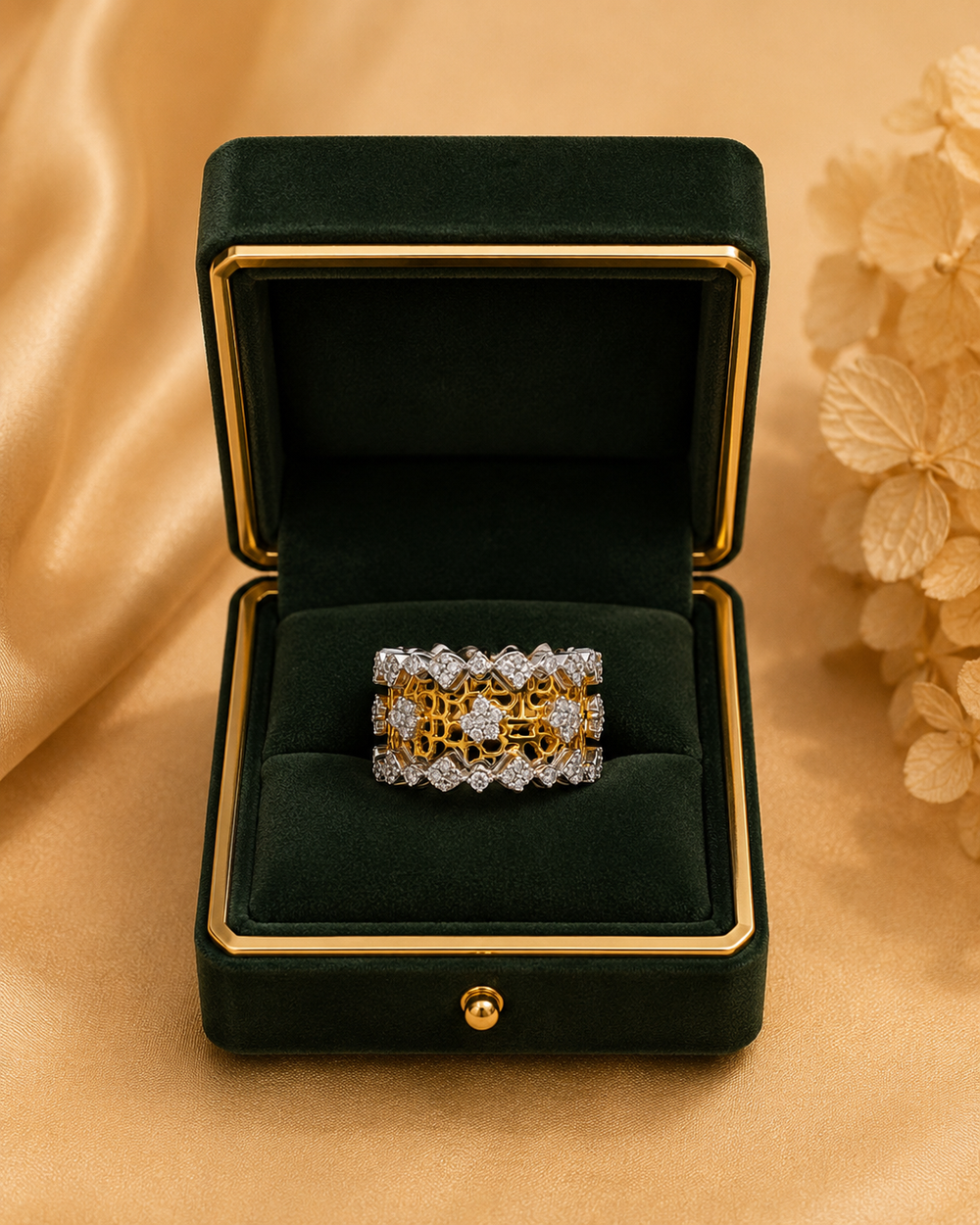 18K Yellow Gold Wide Diamond Band Ring
