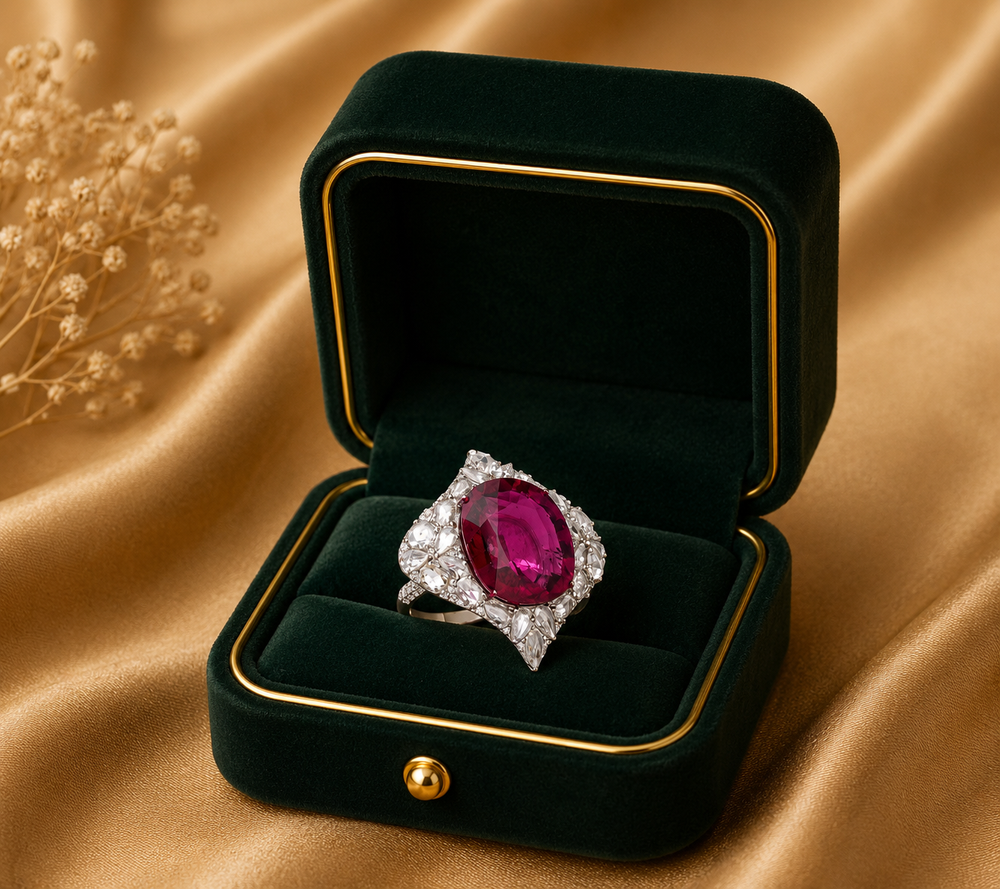 18K White Gold Ruby Halo Diamond Ring