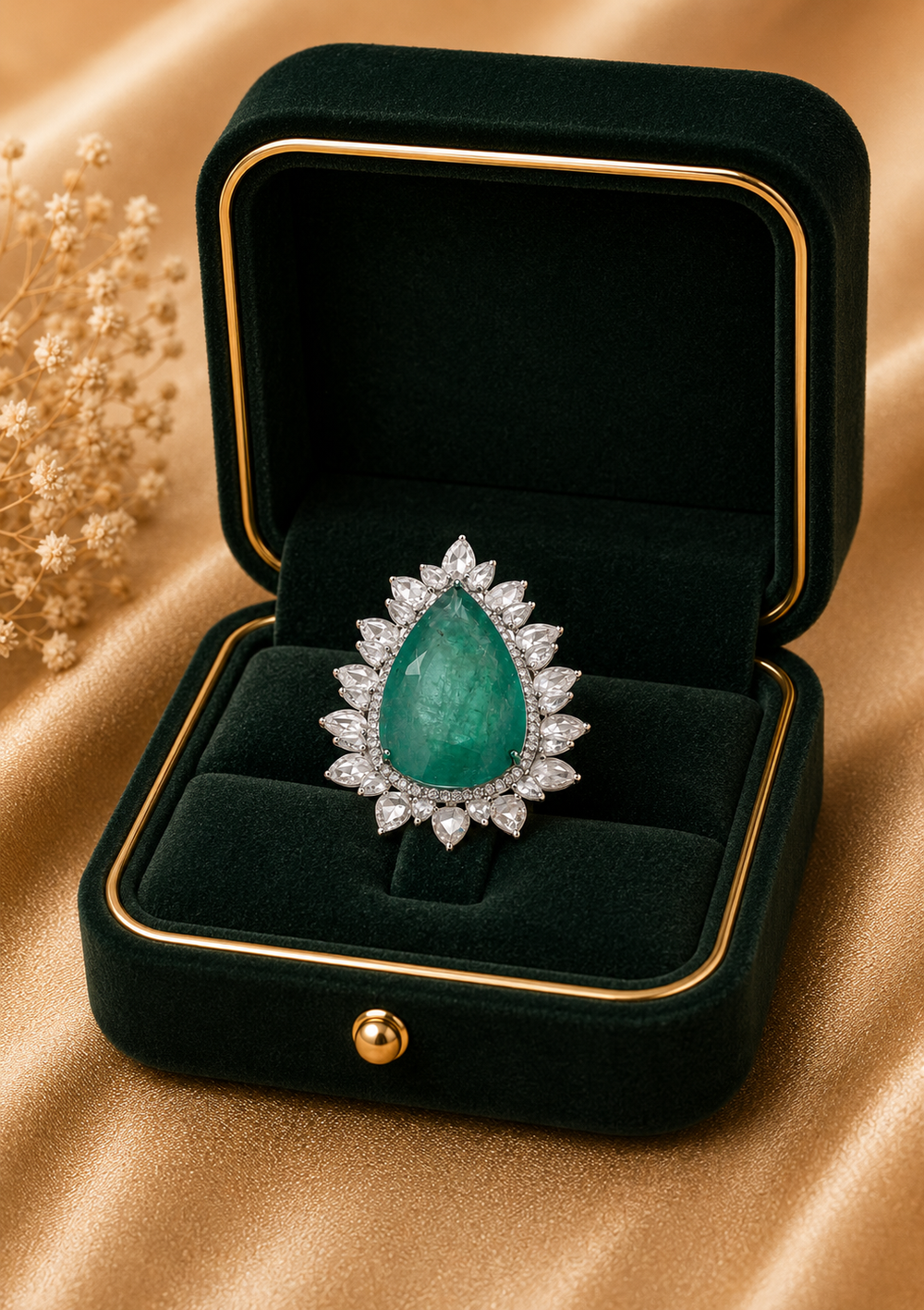 18K White Gold Emerald Diamond Pear Ring