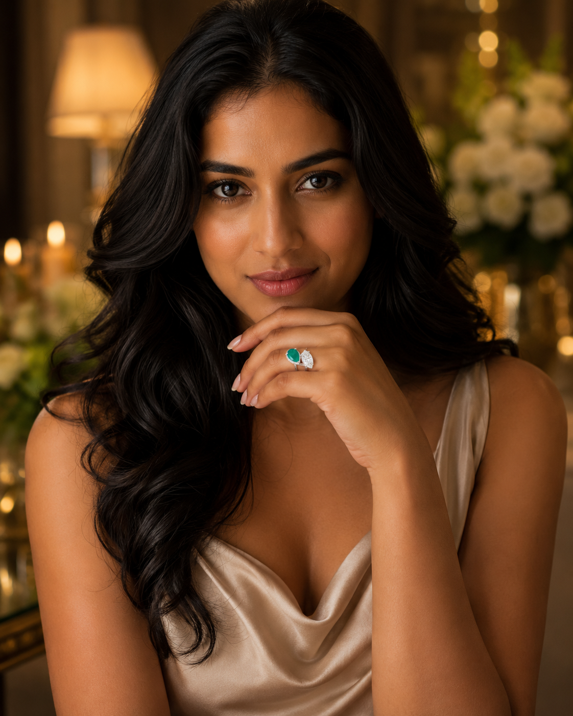 18K White Gold Emerald Diamond Toi et Moi Ring