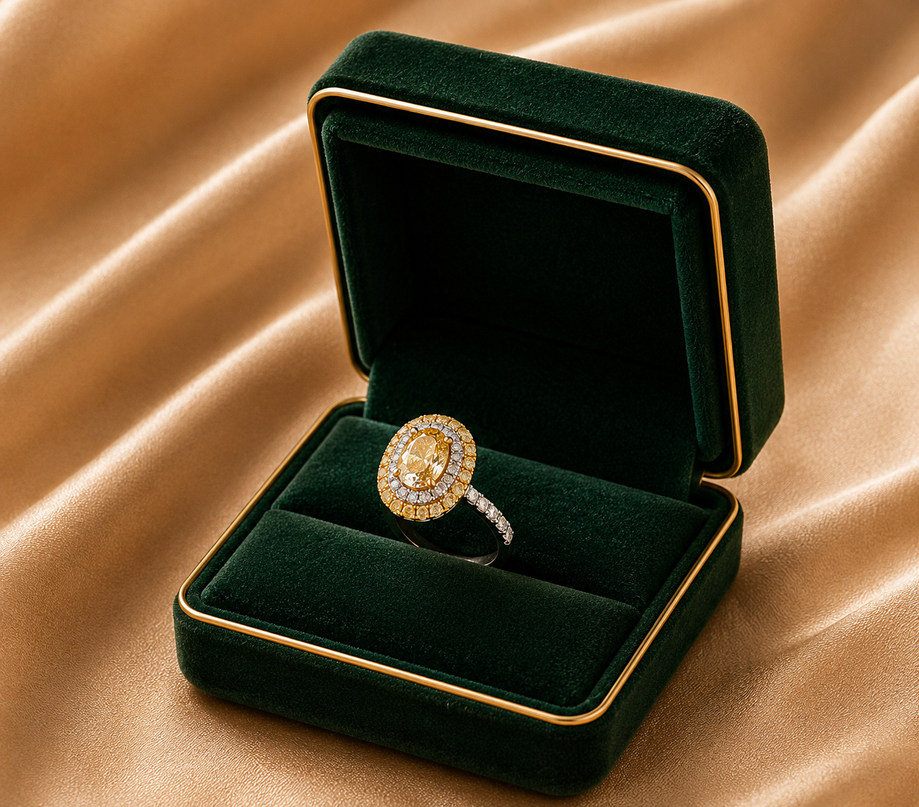 Golden Oval Halo Diamond Ring in 18K White Gold