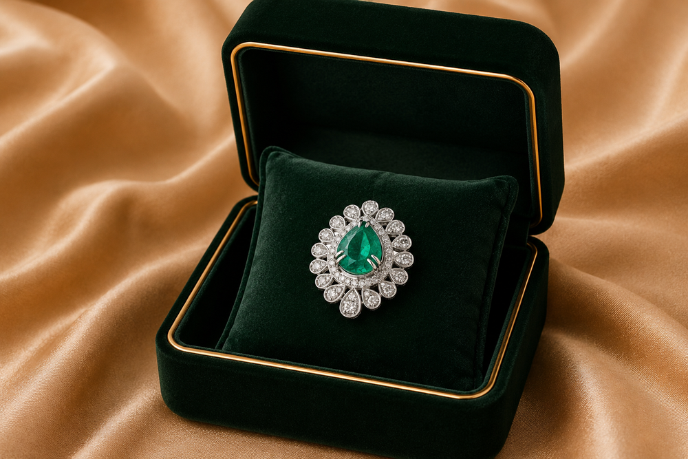 18K White Gold Pear Emerald Diamond Halo Ring