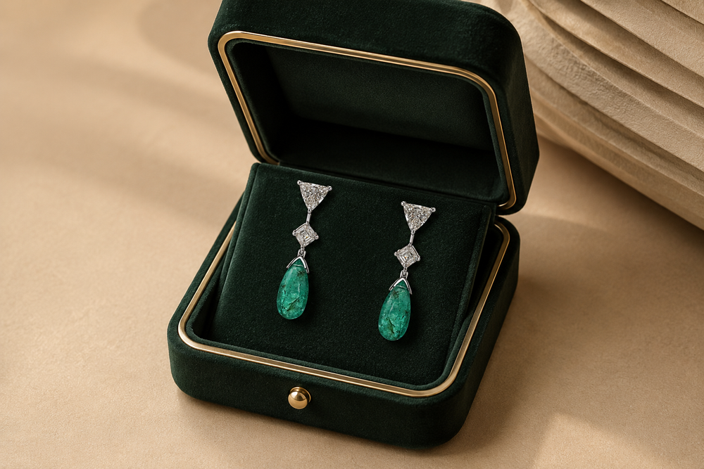 Izzari Emerald Drop Diamond Earrings in 18K Gold | Luxury Fine Jewellery