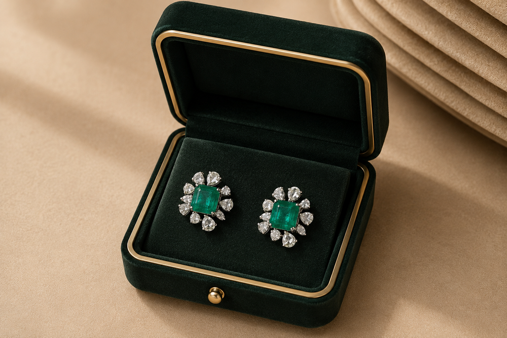 Émeraude Halo Diamond Earrings in 18K Gold