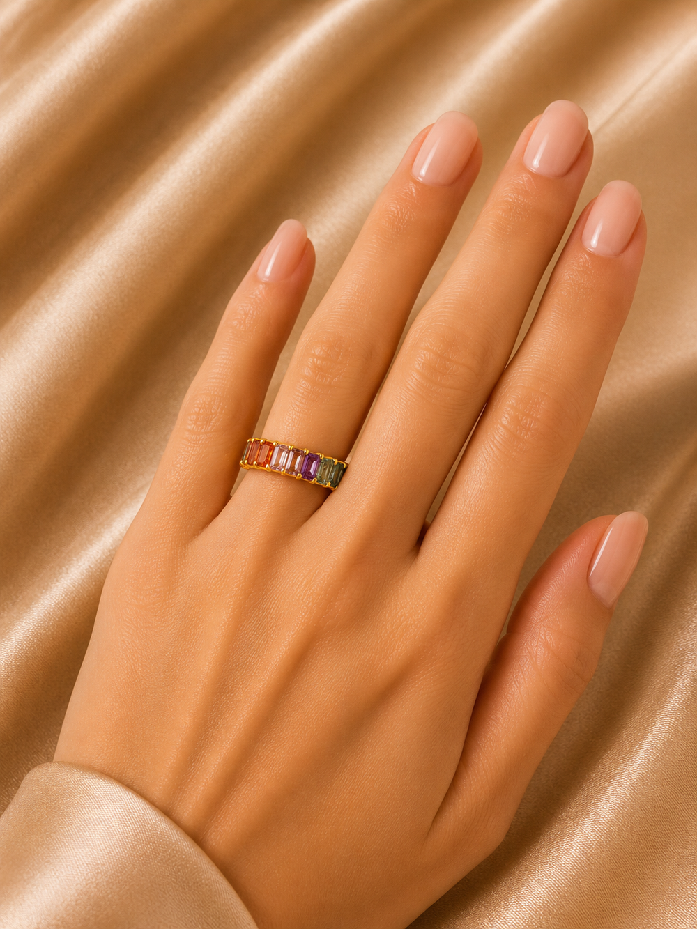 18K Yellow Gold Rainbow Sapphire Eternity Ring
