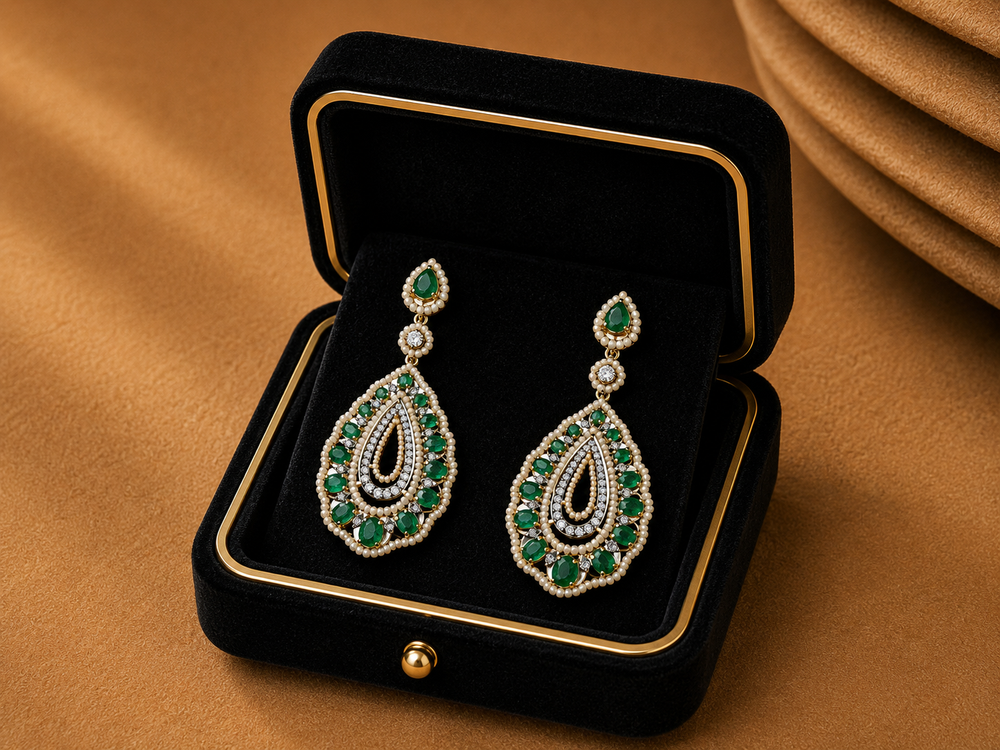 Emerald Royale Natural Diamond Teardrop Earrings in 14K Gold