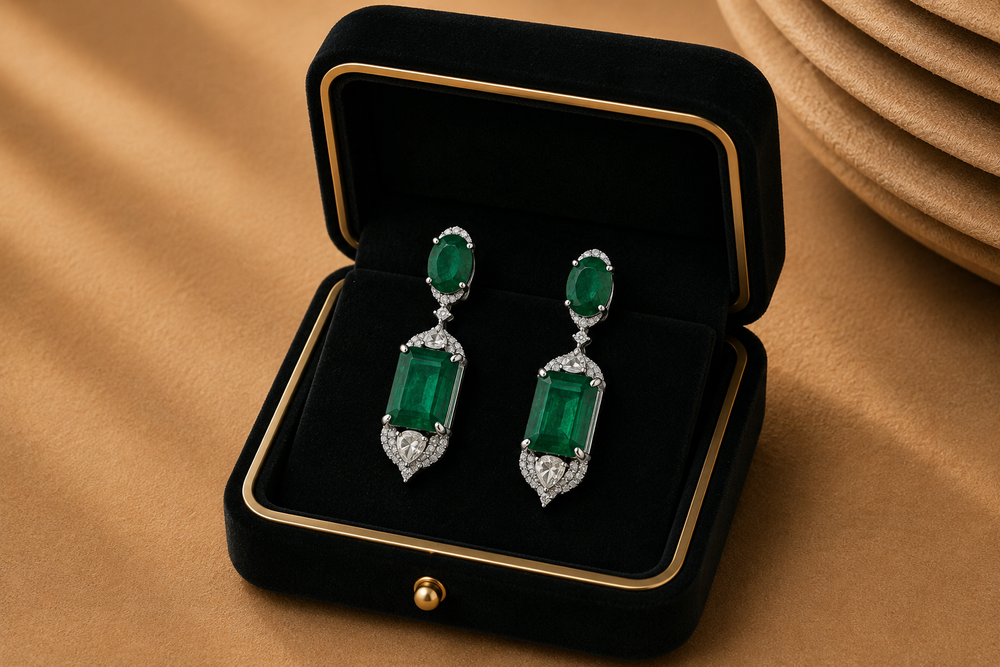 Izzari Noir Emerald Diamond Stud Earrings