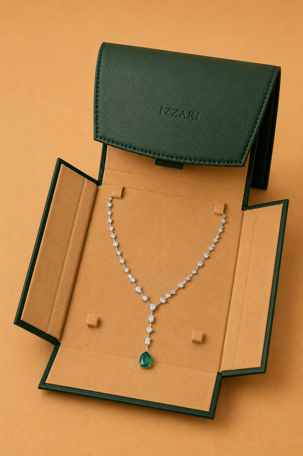 Fancy Cut Diamond Necklace with Emerald Drop in 18K Gold