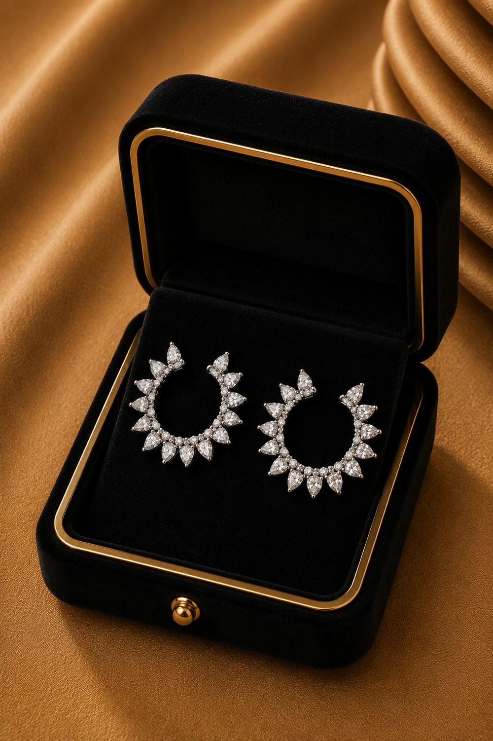 18K White Gold Black Diamond Floral Hoop Earrings