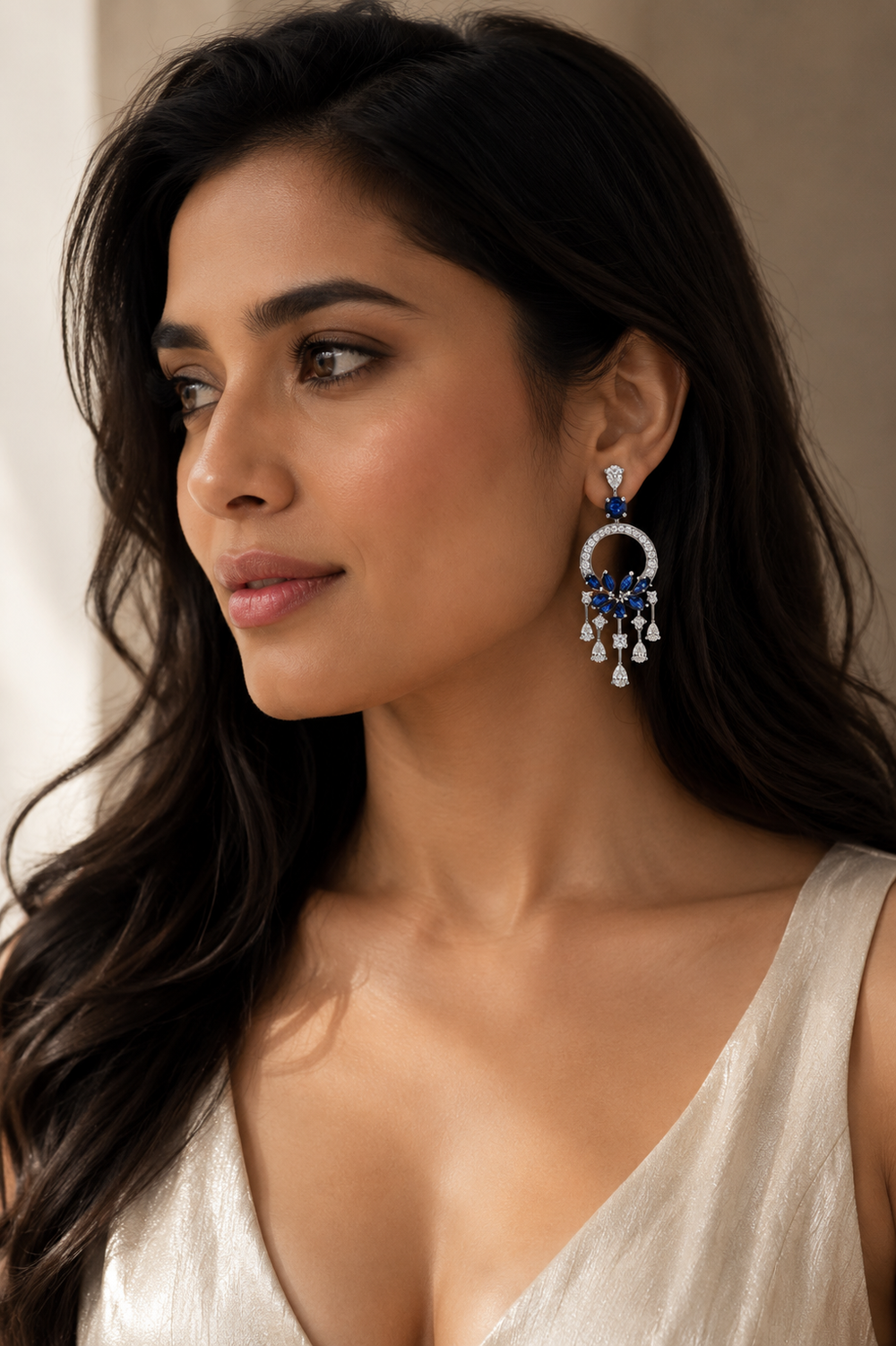 18K White Gold Blue Sapphire Diamond Chandelier Earrings