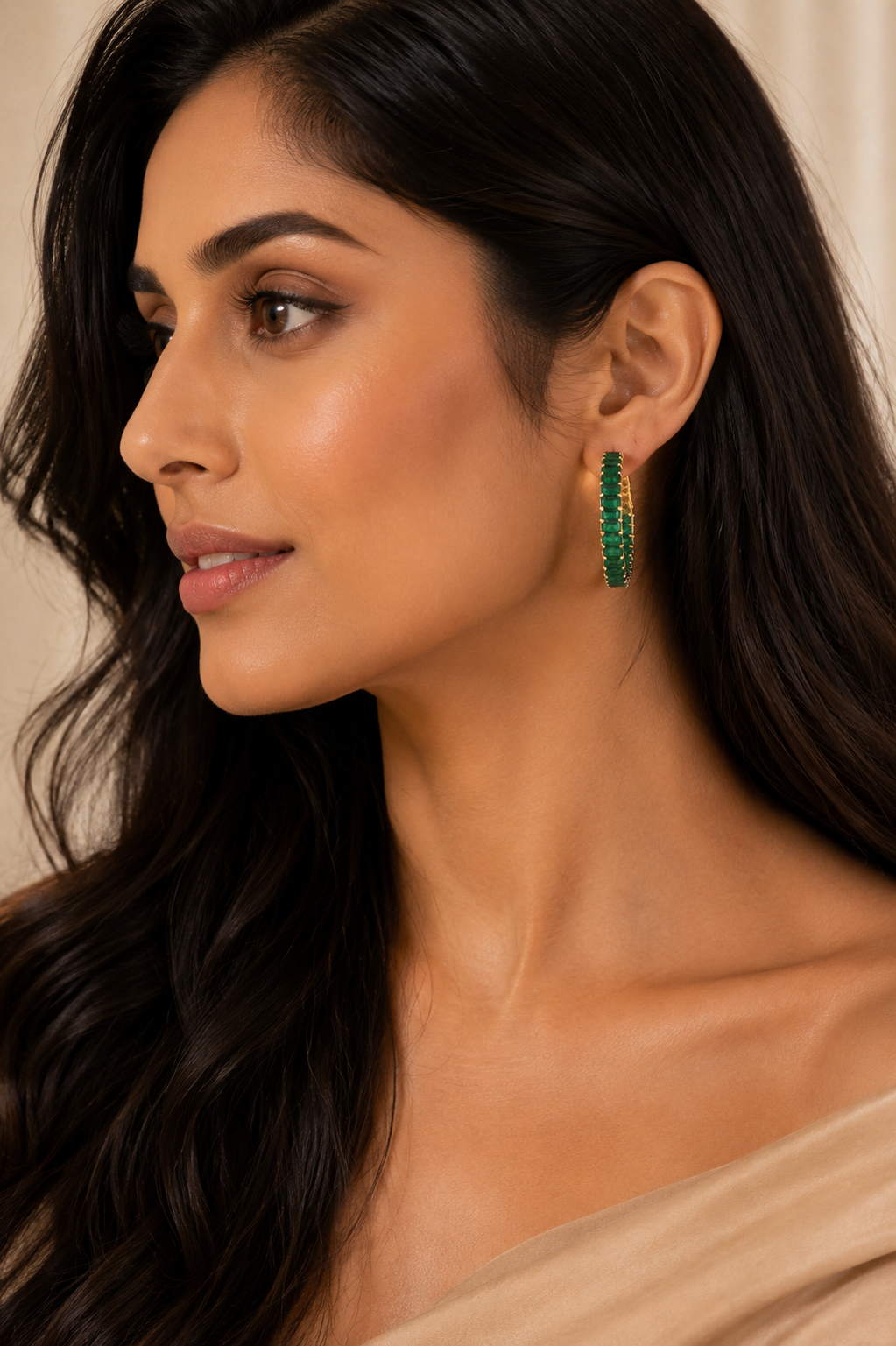 18K Yellow Gold Emerald Hoop Earrings