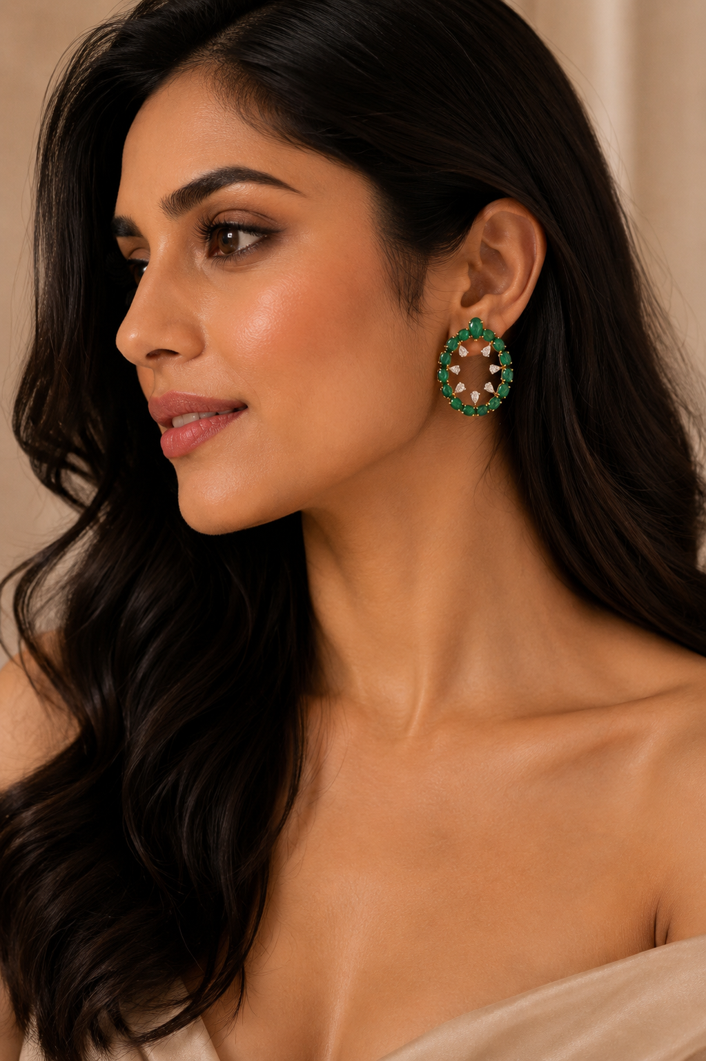 18K White Gold Emerald Oval Hoop Earrings