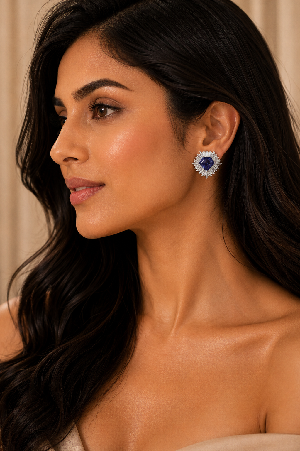 18K White Gold Blue Tanzanite Halo Diamond Earrings