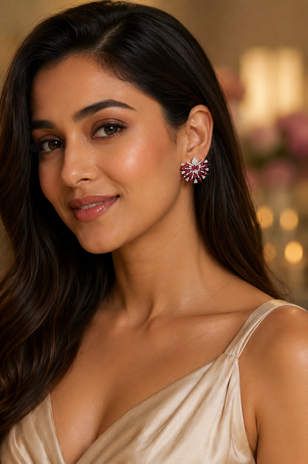 18K White Gold Ruby Diamond Chandelier Earrings