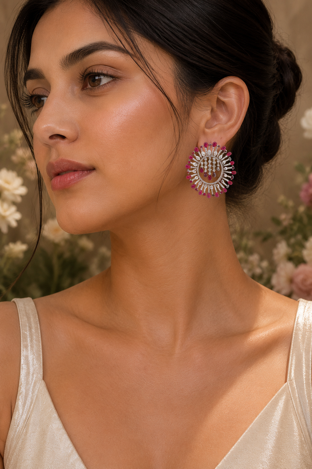 18K White Gold Ruby Halo Diamond Earrings